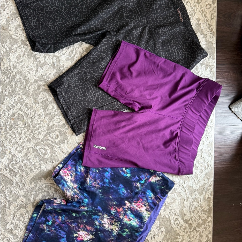 CALIA by Carrie Underwood Gray  and Reebok purple workout shorts. Size large.